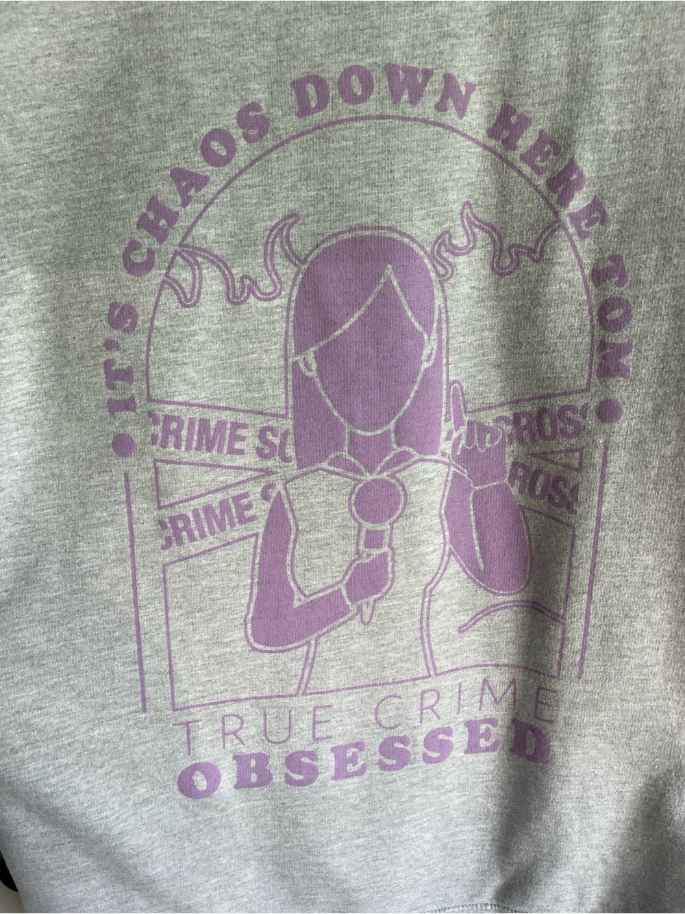 Official True Crime Obsessed Podcast Grey Crewneck Sweatshirt with Lilac Graphic - Picture 4 of 5